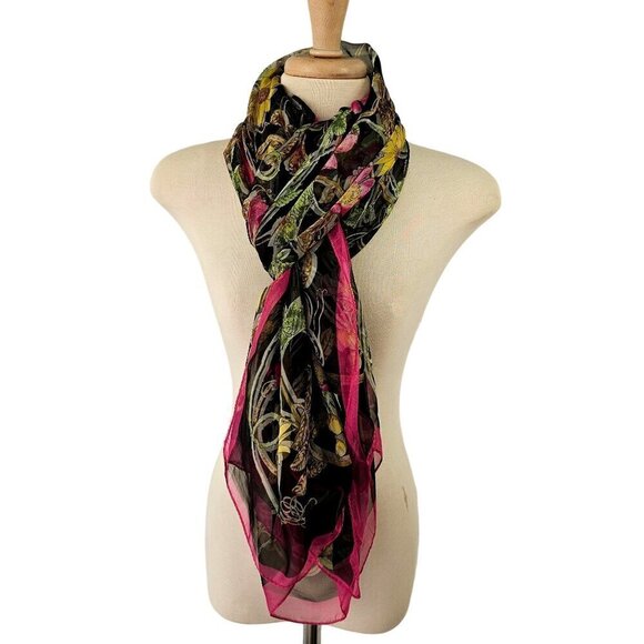 Large Silk Blend Rectangular Scarf Sheer Pink Yellow Floral on Black 42 X 76 - Picture 8 of 10